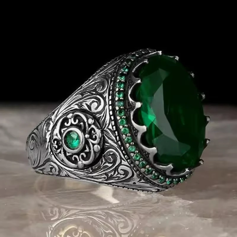 

Silver Men's Emerald Cuff Links Formal Bezel Setting T0557