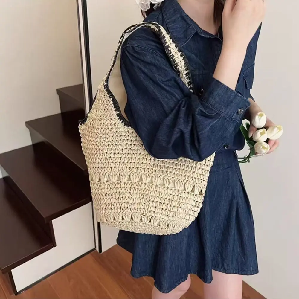 

Sweet Large Capacity Straw Bag Fashion Handmade Grass Woven Bag Simple Effortless Style Weave Tote Bag Girls