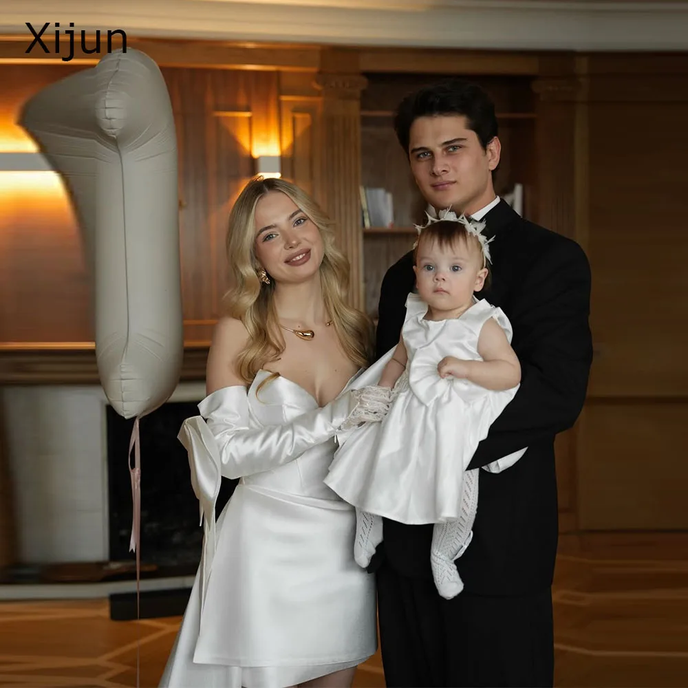 

Xijun Ivory Satin Short Wedding Dresses Bow Sleeves Sweetheart Pleated Short Bridal Gowns Formal After Party Dresses Customized