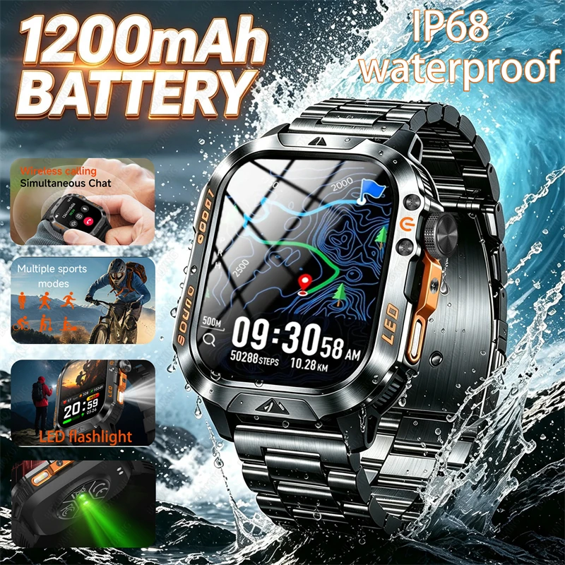 New TANK Ultra 1200mAh Battery Outdoor Smartwatch IP69 Waterproof Heart Rate LED Flashlight Bluetooth Call Sport Smart Watch Men