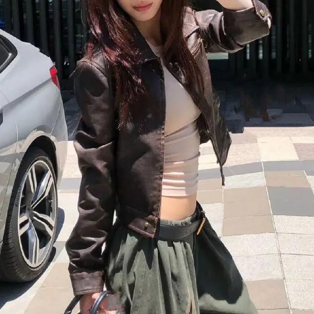 2025 COOL Women Autumn PU Leather Jacket American Retro Full Sleeve Zip Up Coat Vintage Coffee Short Outerwear