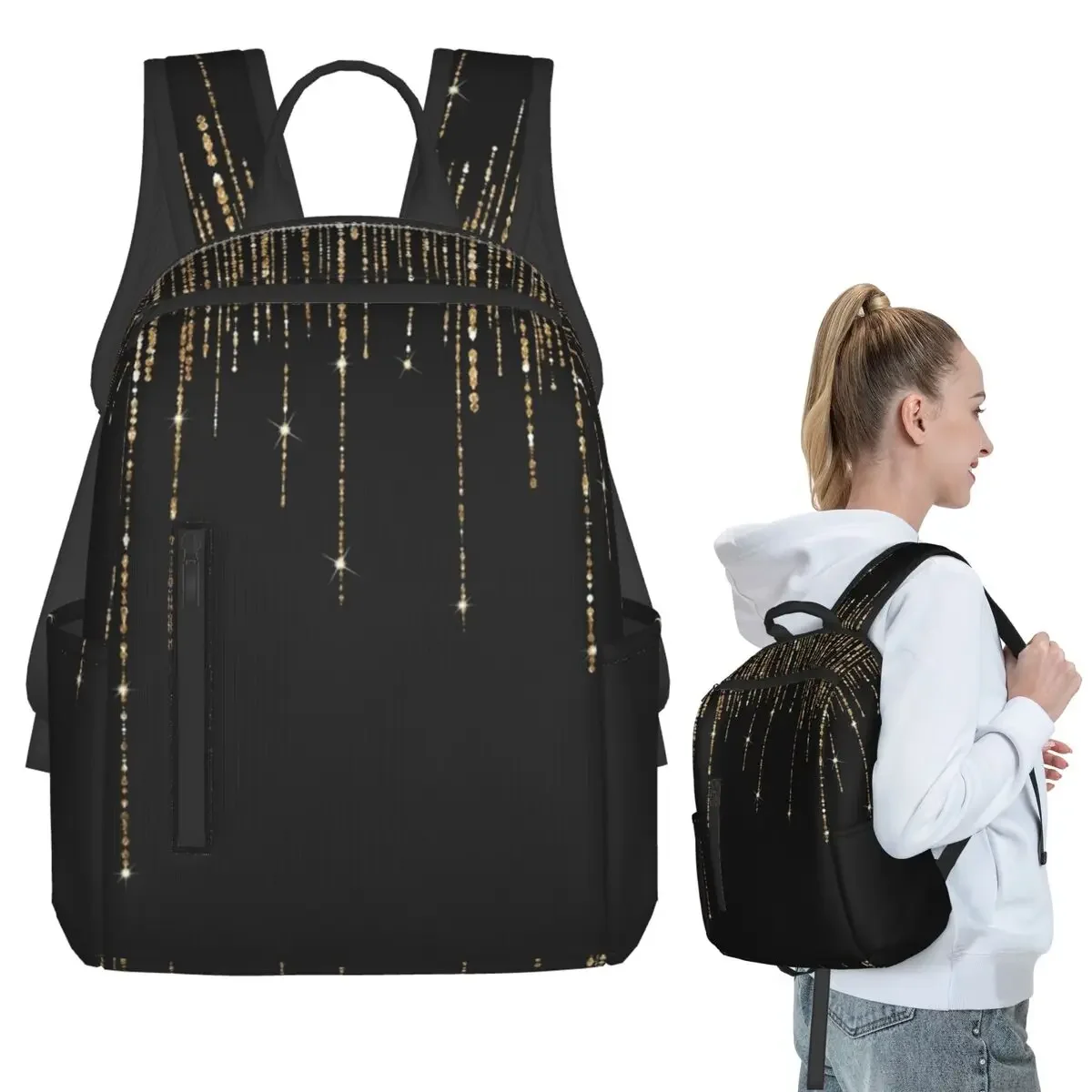 

Black And Gold Glitter Pattern Backpack Student Boys Girls BookBag Children School Bag Laptop Shoulder Bags for Men Women