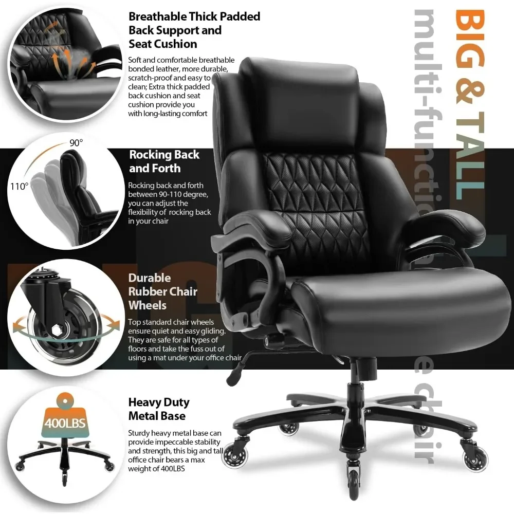 Big and Tall 400lbs Office Chair - Adjustable Lumbar Support Quiet Rubber Wheels Heavy Duty Metal Base,High Back Large Executive