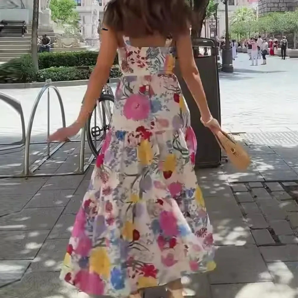Kondala Chic 2023 Zomer Casual Vrouwen Bloemenprint Jurk Gedrapeerde Mouwloze Lange Geplooide Y2K Jurk Mode Vrouwen Vakantie Vestidos