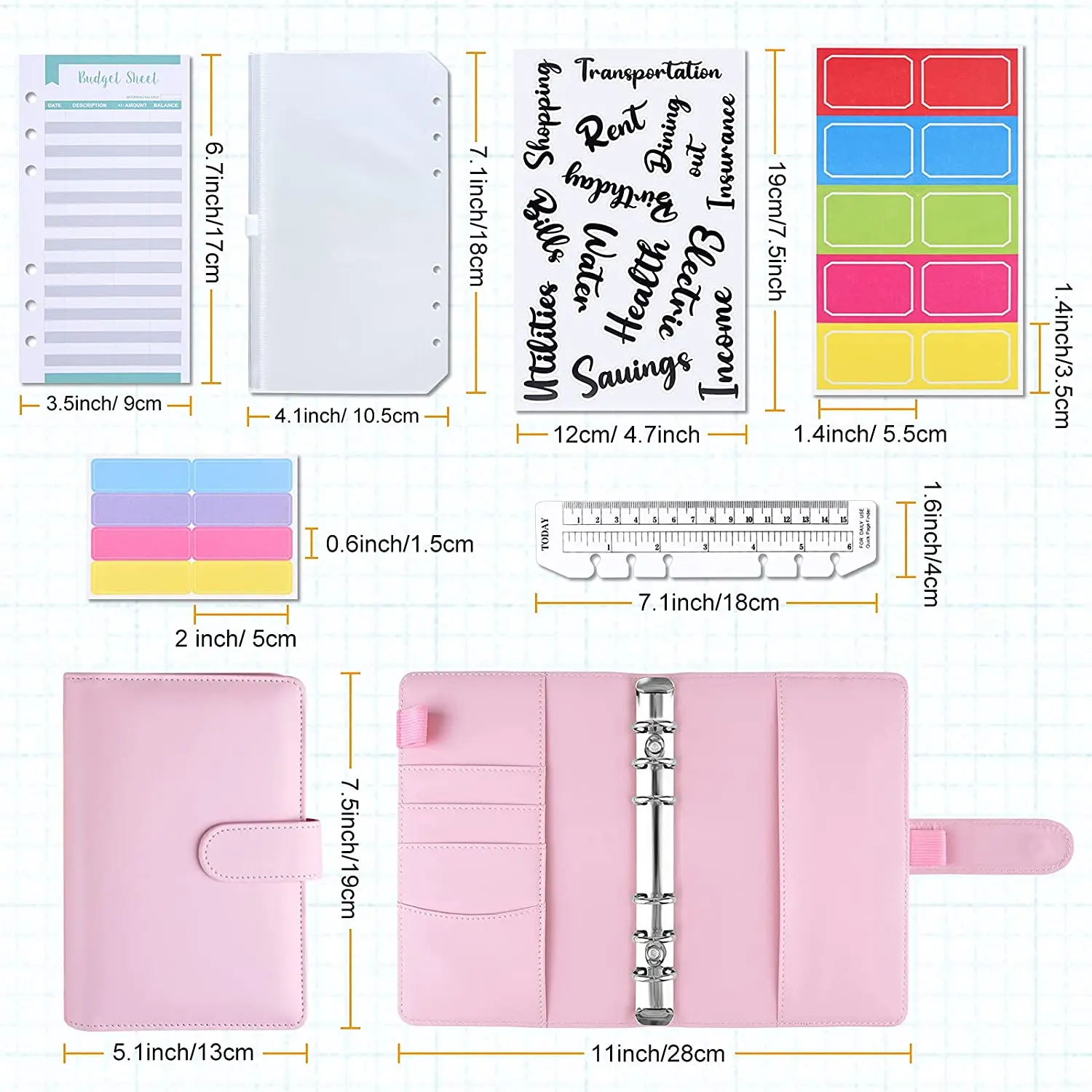 A6 Binder Budget งบซองกระเป๋าสตางค์,8 Pcs Binder Pockets ซอง,12 Pcs Expense Budget แผ่น,สติกเกอร์และไม้บรรทัด