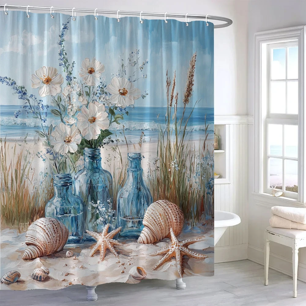 Beach Shower Curtain,Starfish Seashells Ocean Shower Curtain,Tropical Summer Hawaiian Seascape Fabric Bathroom Decor Curtain