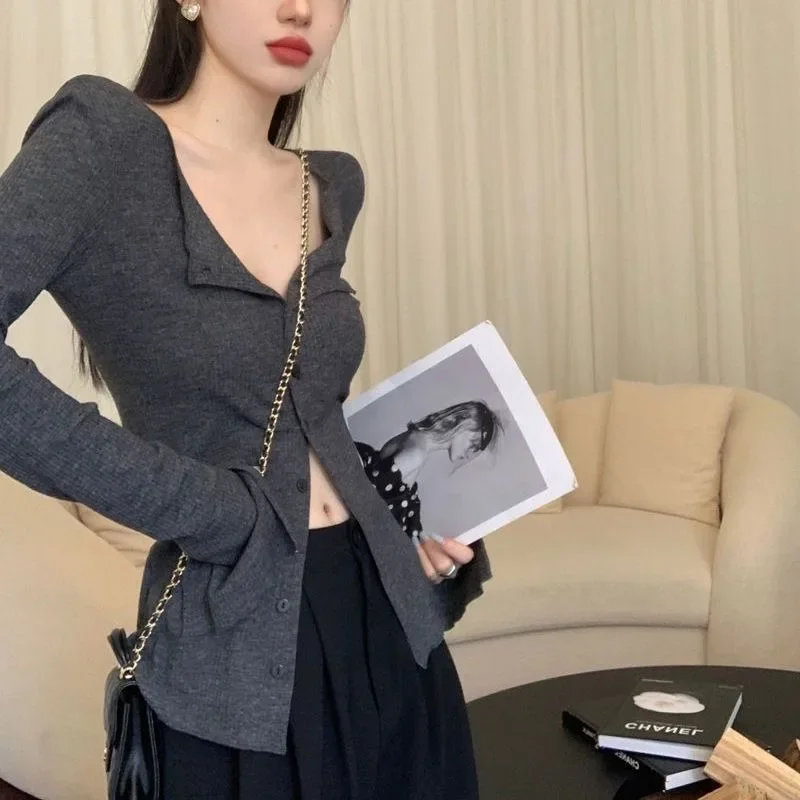 

Сексуальные винтажные женские блузки на пуговицах, корейские летние сексуальные топы с v-образным вырезом и длинными рукавами, элегантные женские рубашки в стиле Харадзюку, офисные женские блузки