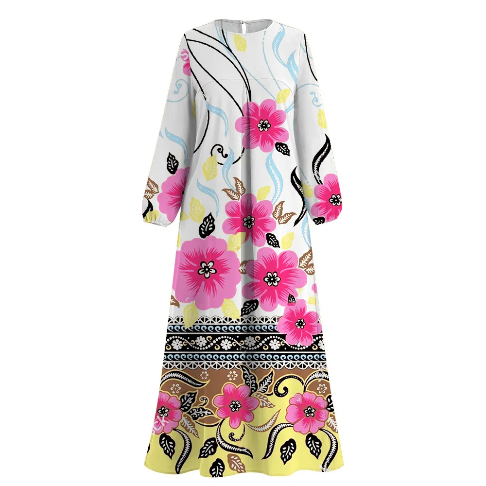 Fashion Muslim Femme Abaya Islamic Dress Dubai Turkey Boho Floral Print Long Sleeves Abayas Muslim   Dress O-Neck Casual Robe