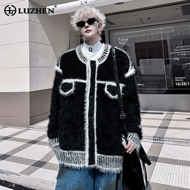 

LUZHEN Personalized Color Contrast Outline Streetwear Knitted Cardigan Round Neck Autumn Winter Stylish Handsome Sweater JY4486