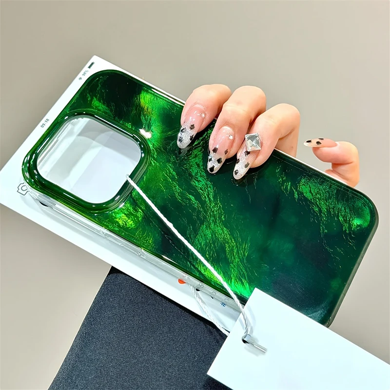 Cute Gradient Laser Glacier Green Pattern Phone Case For iPhone 11 12 13 14 15 16 Pro Max X XS 7 8 Plus Luxury Shockproof Cover