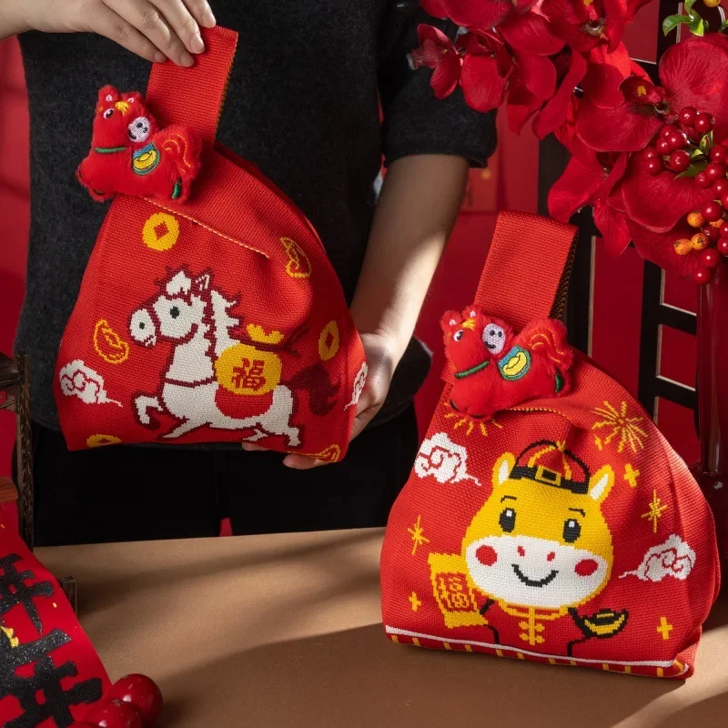 

Многоразовая сумка-шоппер из трикотажа с мультяшным пони-талисманом года Лошади 2026, подарочная сумка, сумка для конфет, сумка на запястье с узлом, милая сумка-тоут