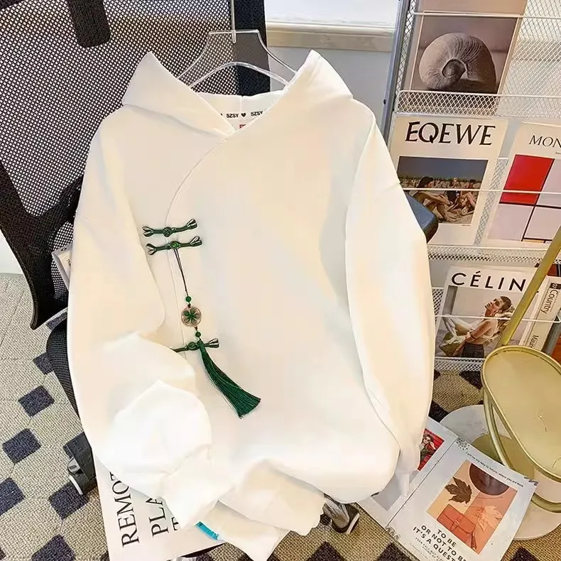 Large Size Chinese Style Button Hoodie Sweatshirt Unisex Spring Autumn Tassel Design Sensation Hat Shirt Casual Streetwear