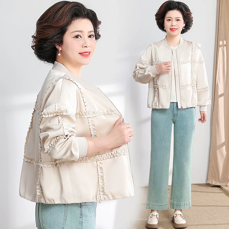 

Весенняя модная бейсбольная куртка-бомбер для женщин среднего возраста, легкая, из полиэстера, с круглым вырезом, укороченная, на молнии