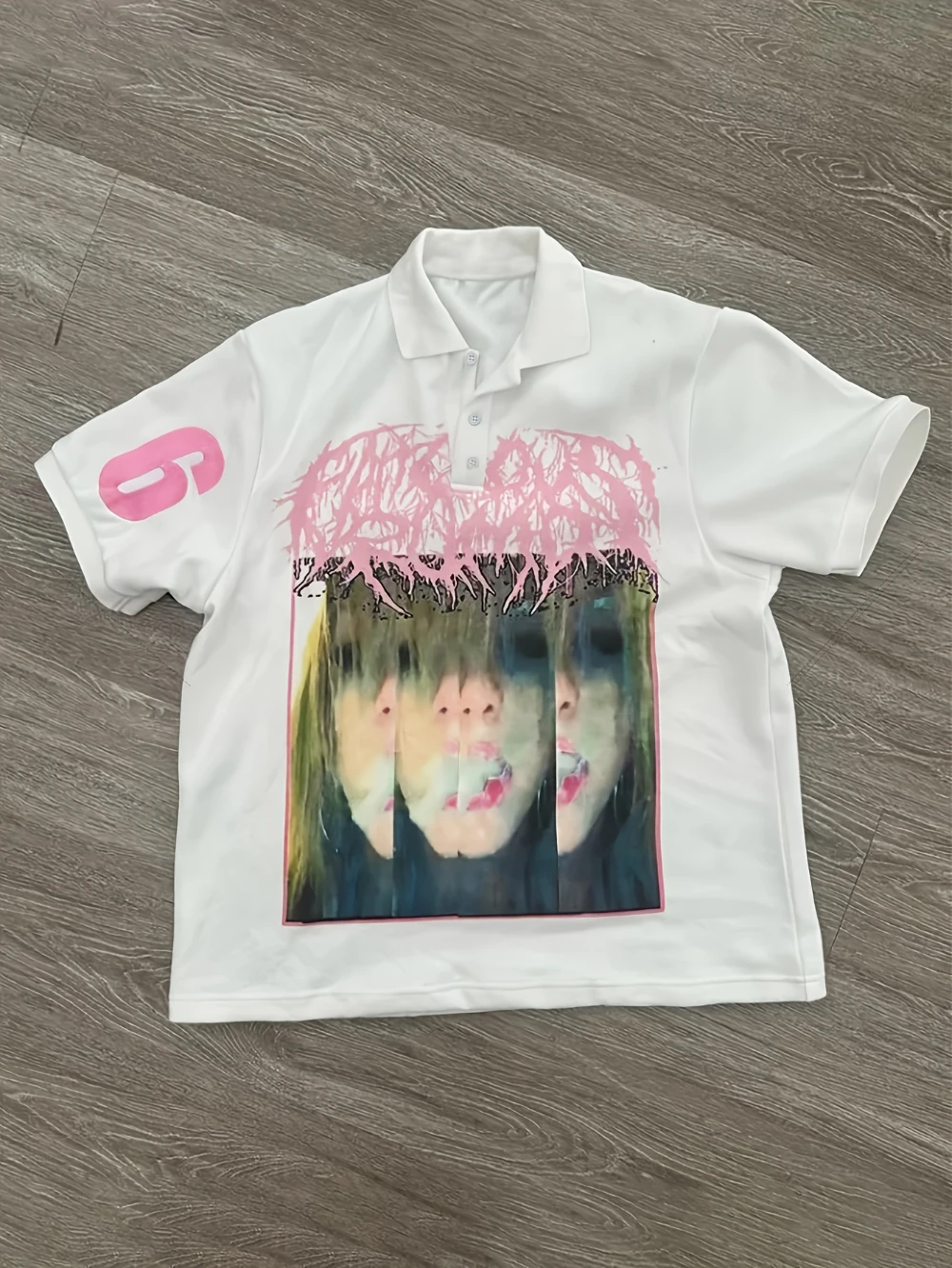 Vintage Cute Clothing Y2K Pink Abstract Graffiti Niche Style Printed White Street Trendy Style Loose Polo Shirt 【 Money 】