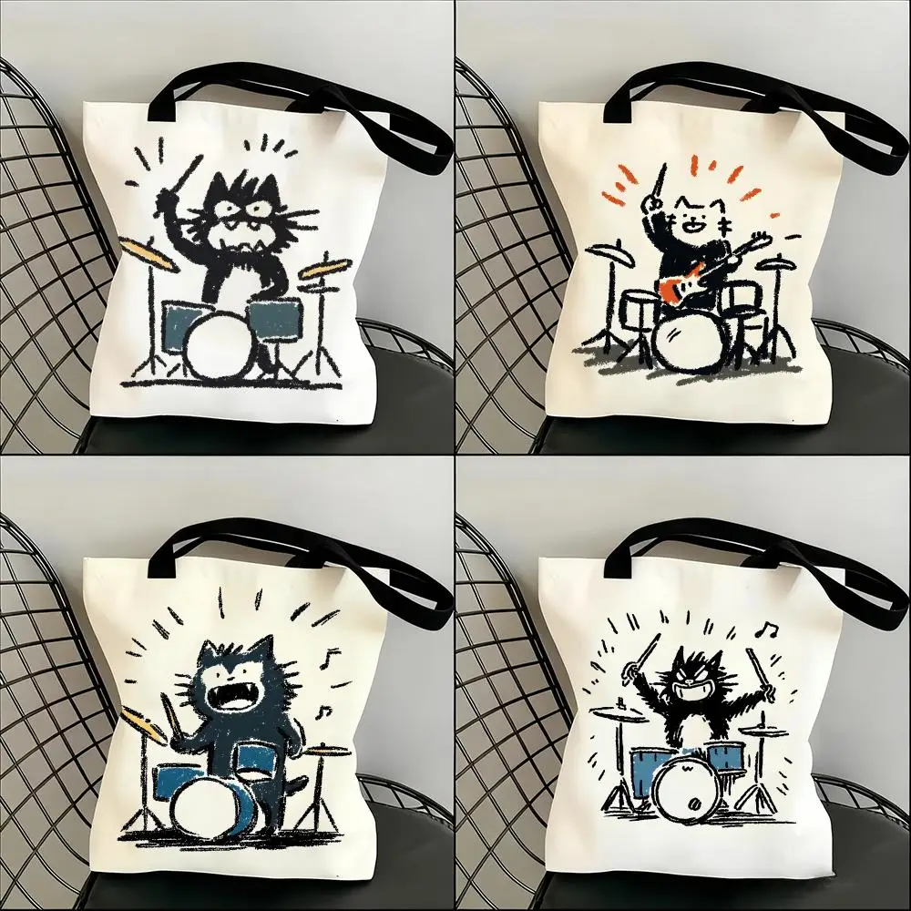 

Rock Kitten Drum Set cute cat Storage Bags Lightweight Canvas Shoulder Shopper Fashionable Eco Multi Use Tote with Large Capacit