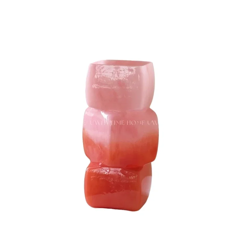 

Red powder gradual change square new Chinese style ancient glazed glass vase flower ware advanced atmosphere ornament