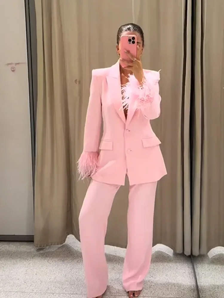 

Women's Pink 2-Piece Pants Suit Set Elegant Feather Trimmed Long-Sleeve Blazer Matching Pants for Party & Evening Occasions