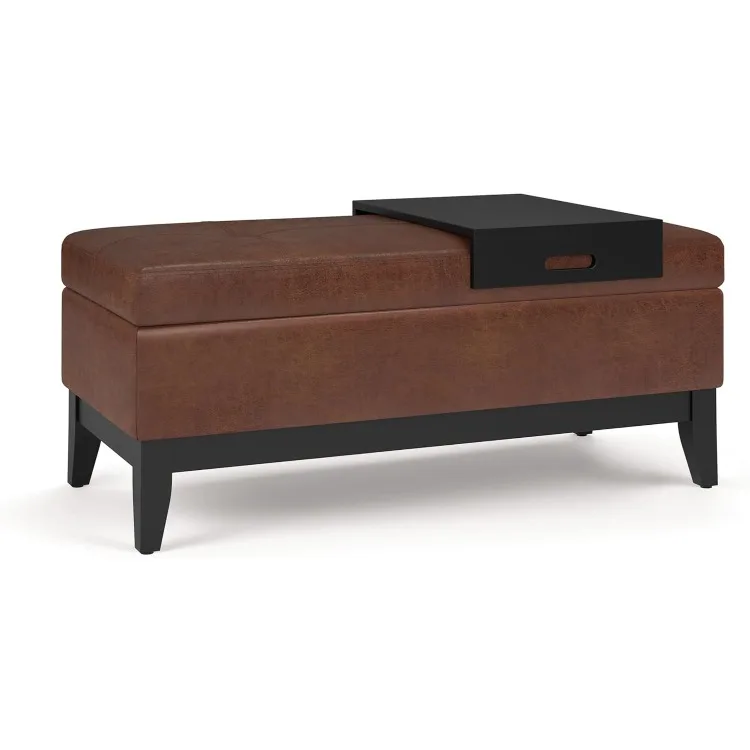 Oregon 42 inch Wide Transitional Rectangle Lift Top Storage Ottoman Bench Removable Tray, Upholstered Distressed Saddle