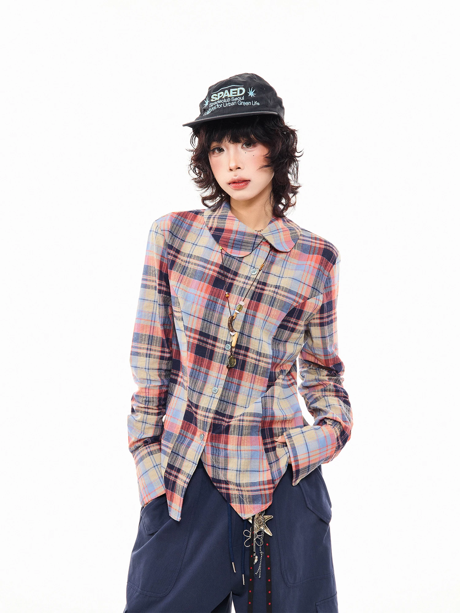 

Женская рубашка MIKYO в американском ретро-стиле, в клетку, асимметричная, с длинным рукавом, приталенная, для ранней осени, из хлопка, для повседневной носки