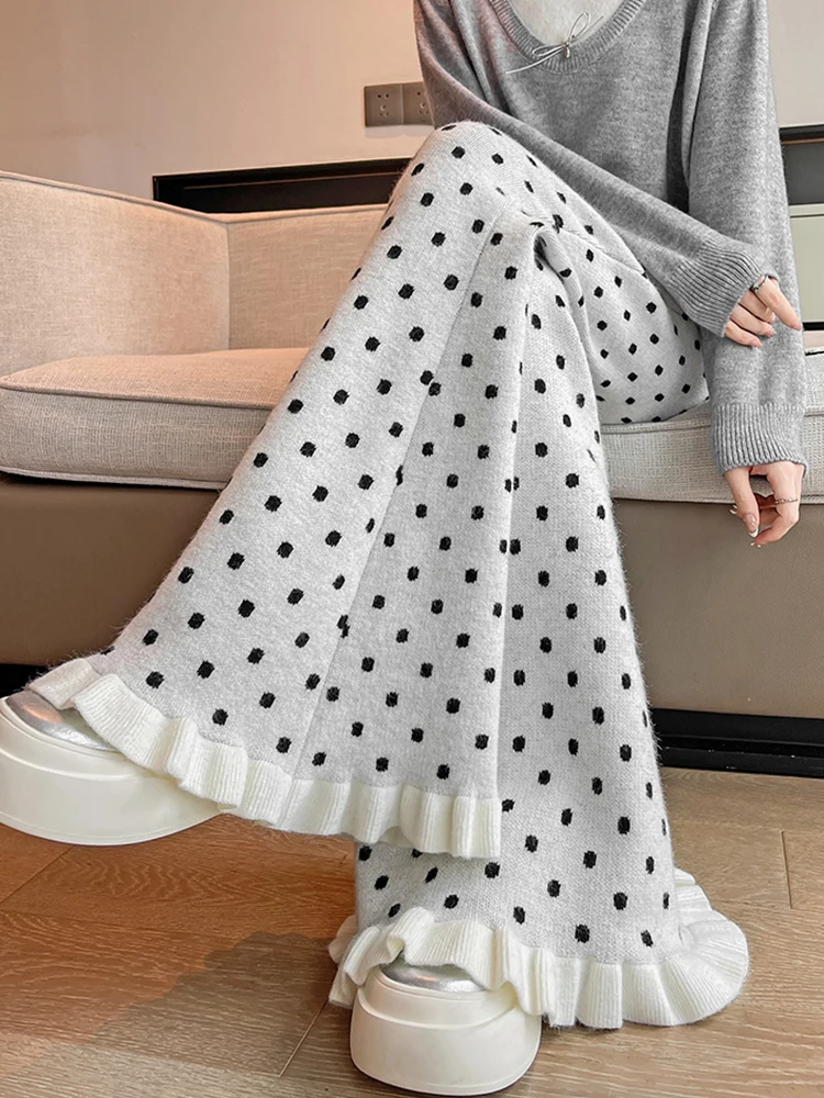 

White Polka Dot Lace Micro Flared Pants Women's Spring Autumn Slimming Yoga Sports Knitted High Waist Commute Sle