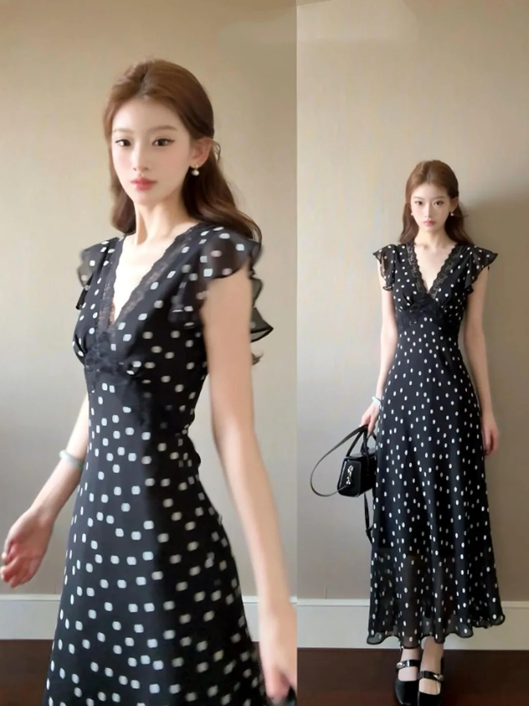 

Корейское летнее платье с V-образным вырезом и принтом в горошек, приталенное, на бретельках, для города, танцев, уличного стиля, повседневное, для путешествий