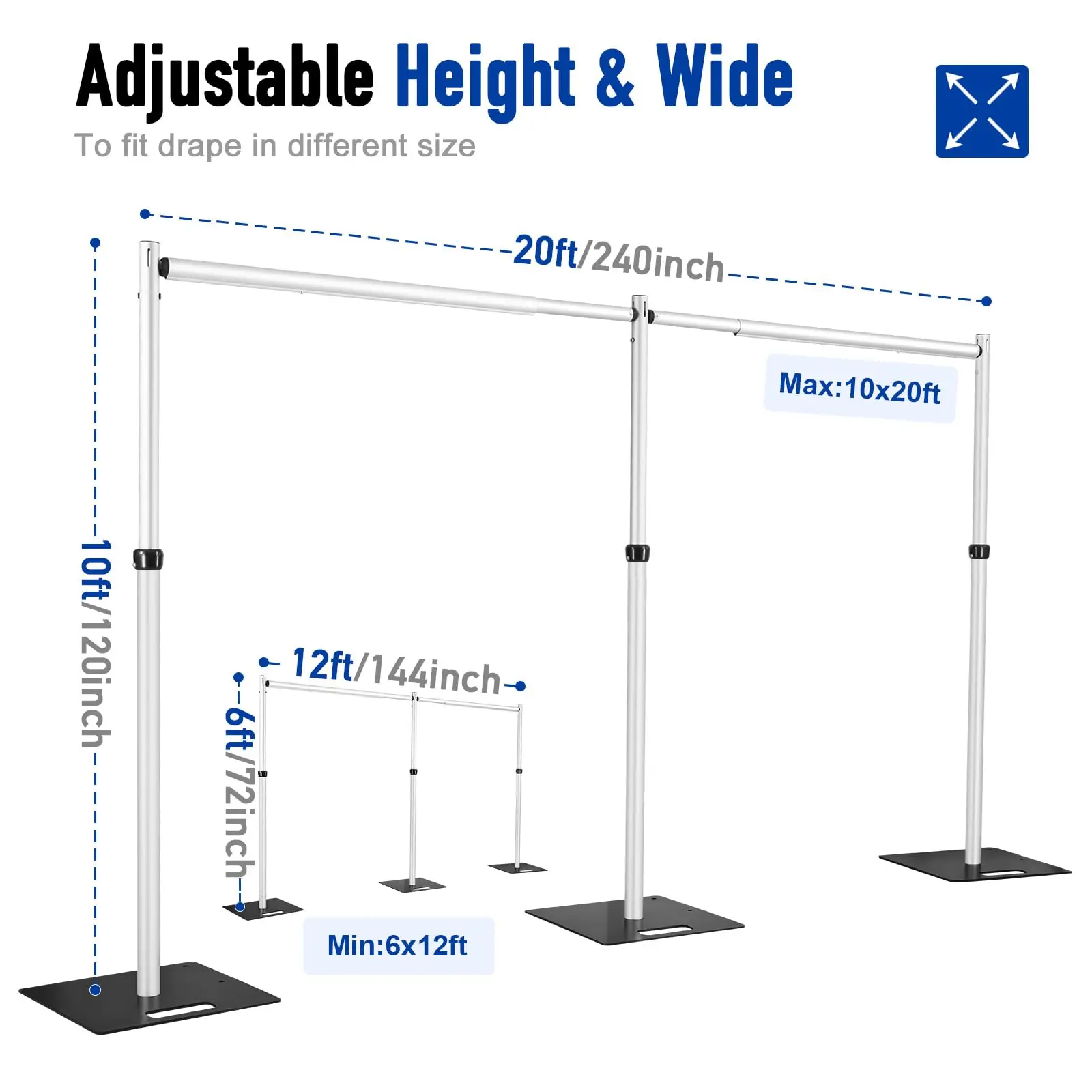 

Heavy Duty Backdrop Stand, 10x20Ft Double Crossbar Pipe and Drape Stand Kit, Adjustable Banner Stand, Back Drop Stand for Party