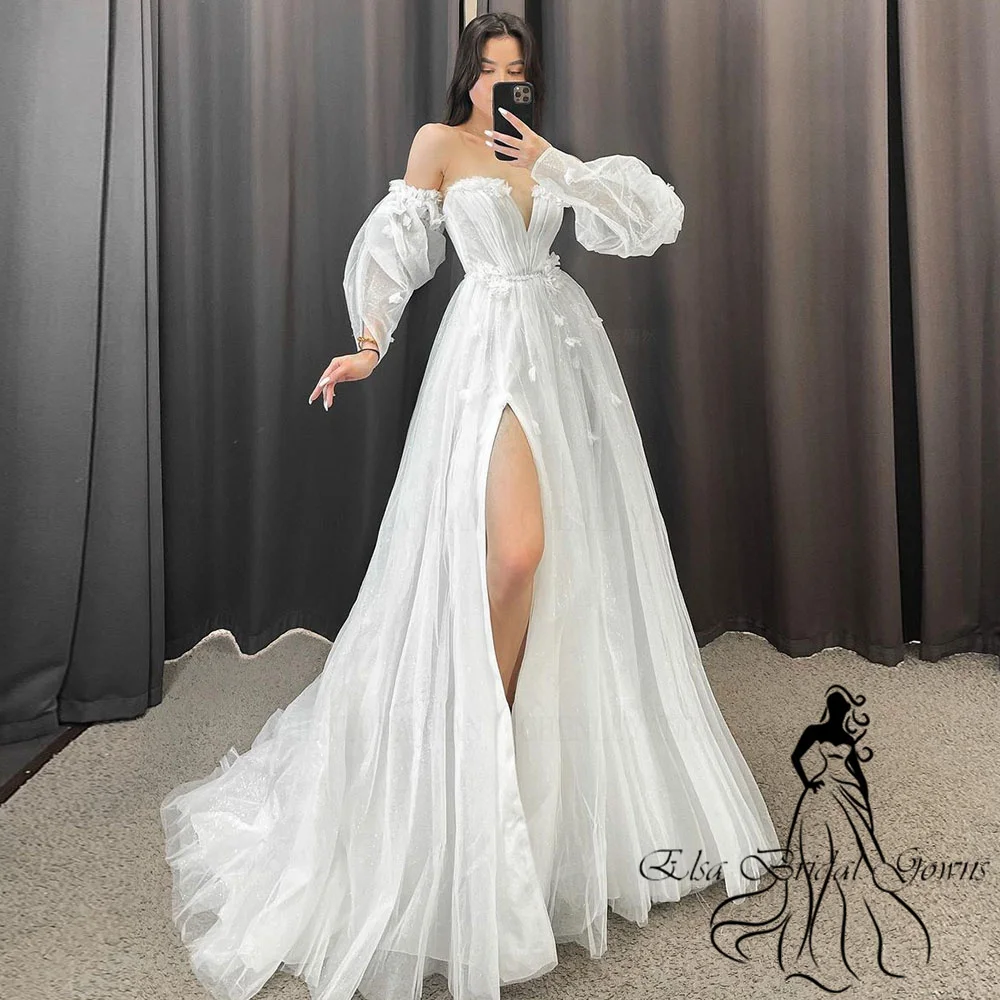 Sexy Wedding Dresses 2023 Women Applique Tulle Side Split Sexy Long Bride Dress A-Line Sweep Train Elegant Custom Occasion Gowns