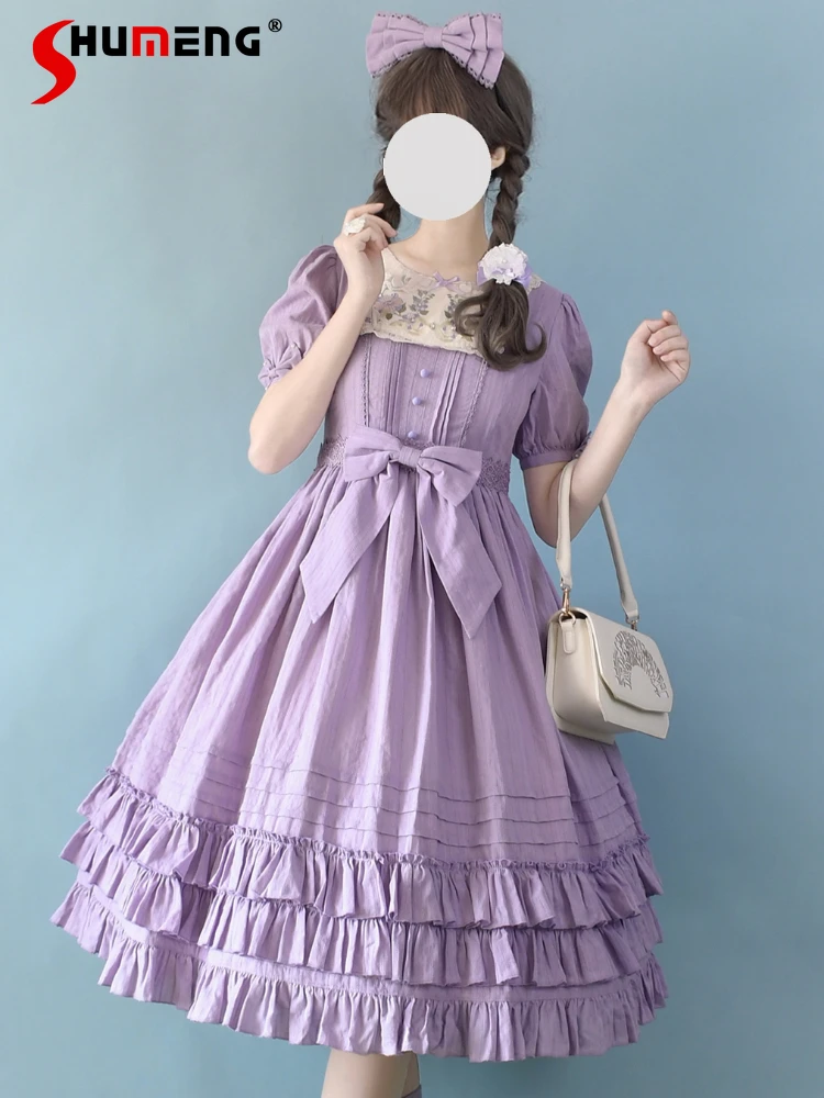 Classical Retro Lace Stitching Embroidery Beads Bow Round-Neck High Waist Slim Fit A-Line Sweet Lolita Princess Dress Women 2024