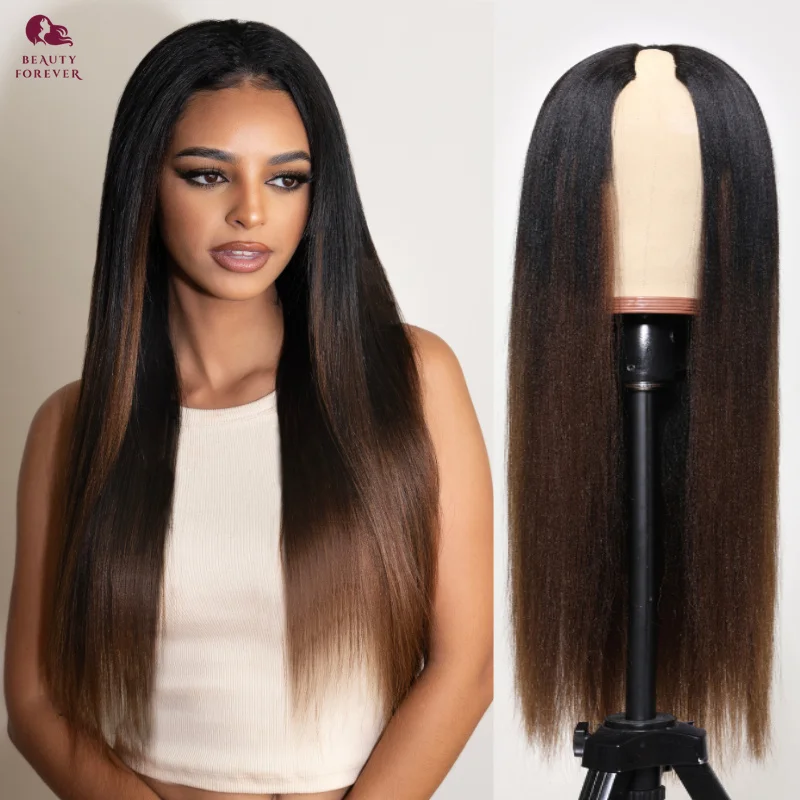 

Beauty Forever EasiContour™ V Part Yaki Straight Chestnut Brown Ombre Color Lightweight Glueless Human Hair V Part Wigs