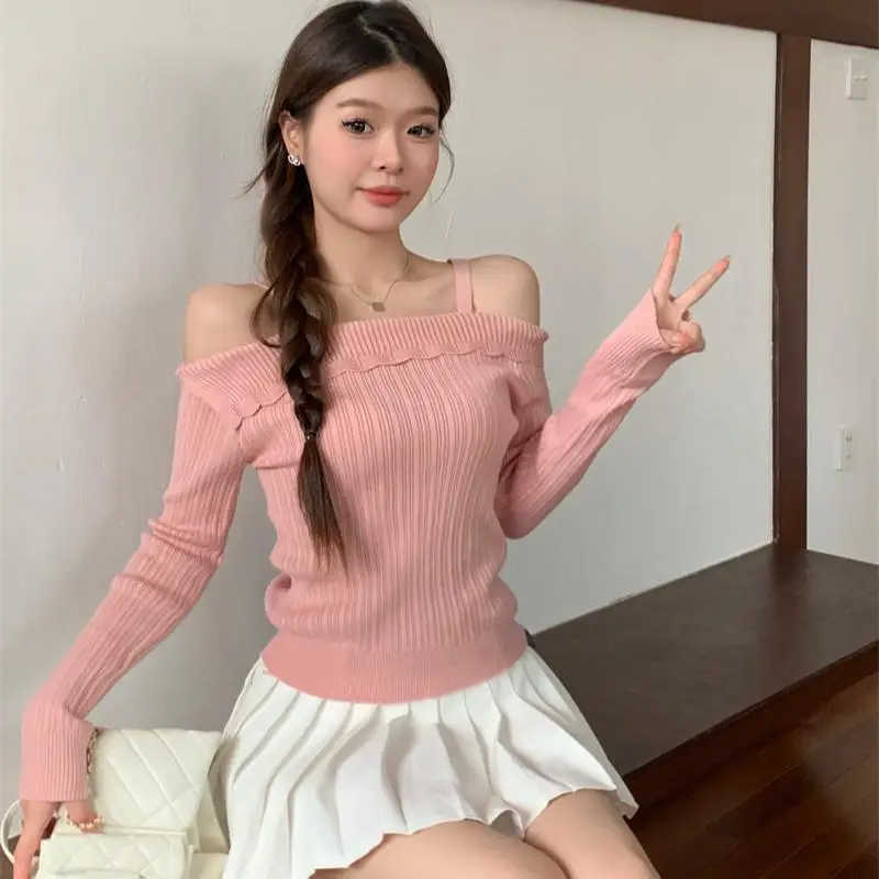 

Spring Women Fashion Solid Off Shoulder Sweater Long Sleeve Knitted Pullover Sweaters Autumn Female Casual Slim Knitwear Tops