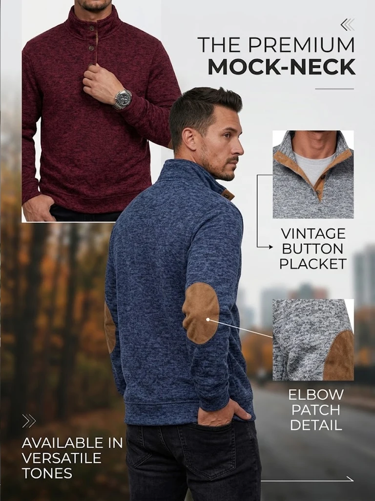 Herren-Sweatshirt mit Stehkragen und Knöpfen, Langarm, Thermo-Pullover, Hoodie, Herbst, Casual, Mock-Neck-Jacke, Sportoberteil – Detail 1