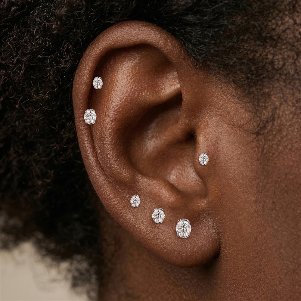 KOJ 1PC 925 Sterling Silver Dainty Moissanite Piercing Earring Marquise Round Four‑Prong Timeless Hypoallergenic Gift For Women