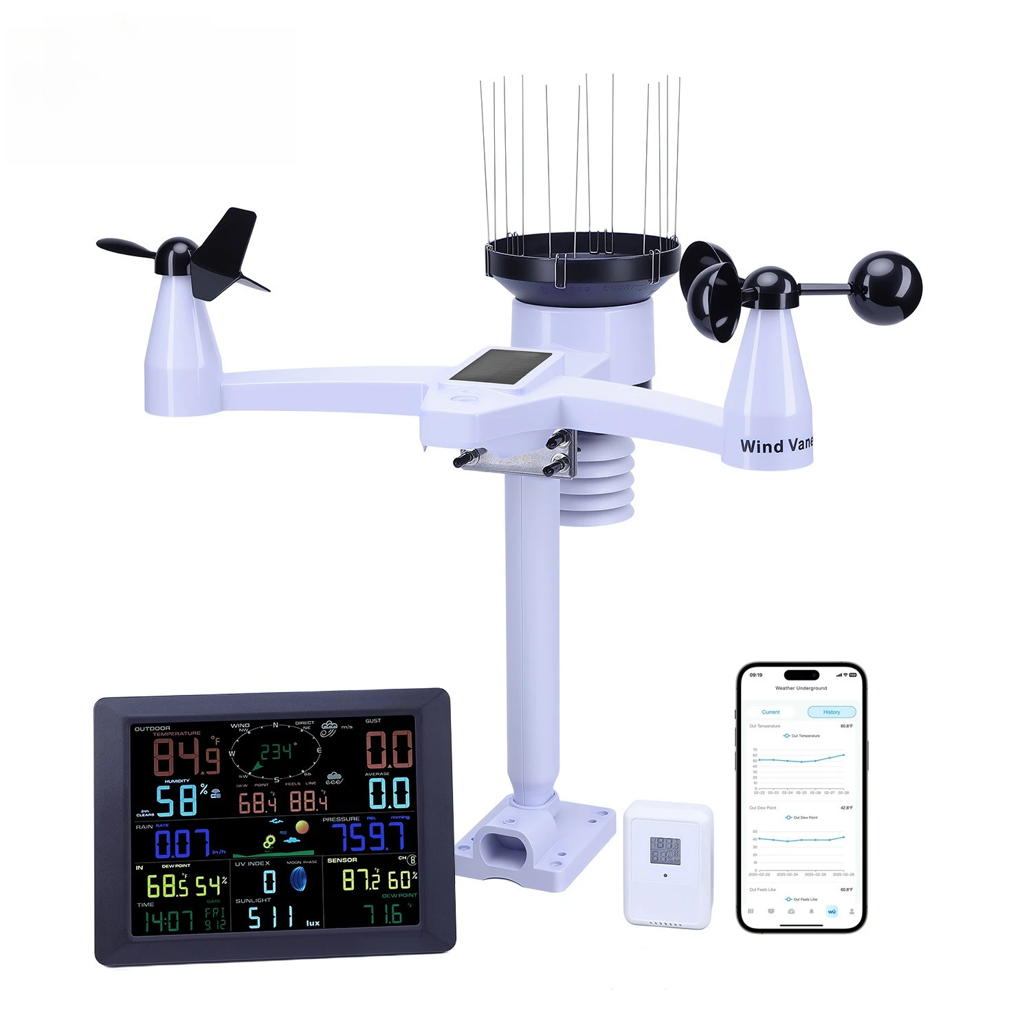 7-in-1 WiFi Weather Station Outdoor Sensor Temperature Humidity Weather Data Display