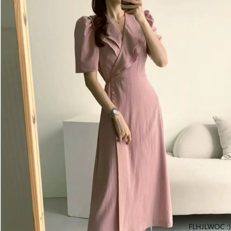 South Korea Chic Midi Dress Women Summer Japan Style Retro Vintage Design Ruffles Pink One-Piece Lace-Up Dress  Vestidos