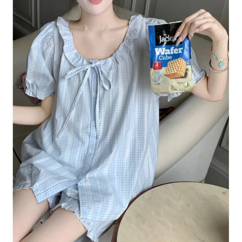

Pajamas Female Blue Plaid Small Fresh Doll Collar Homewear Senior Sense Short Sleeve Shorts Set Women's Loungewear Sleepwear