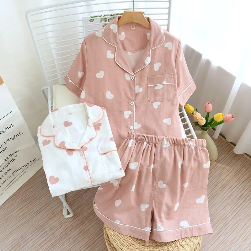 Ensemble de vêtements de nuit en gaze de coton pour femmes, pyjama de dessin animé d\'amour, vêtements de nuit à la maison, vêtements de détente,