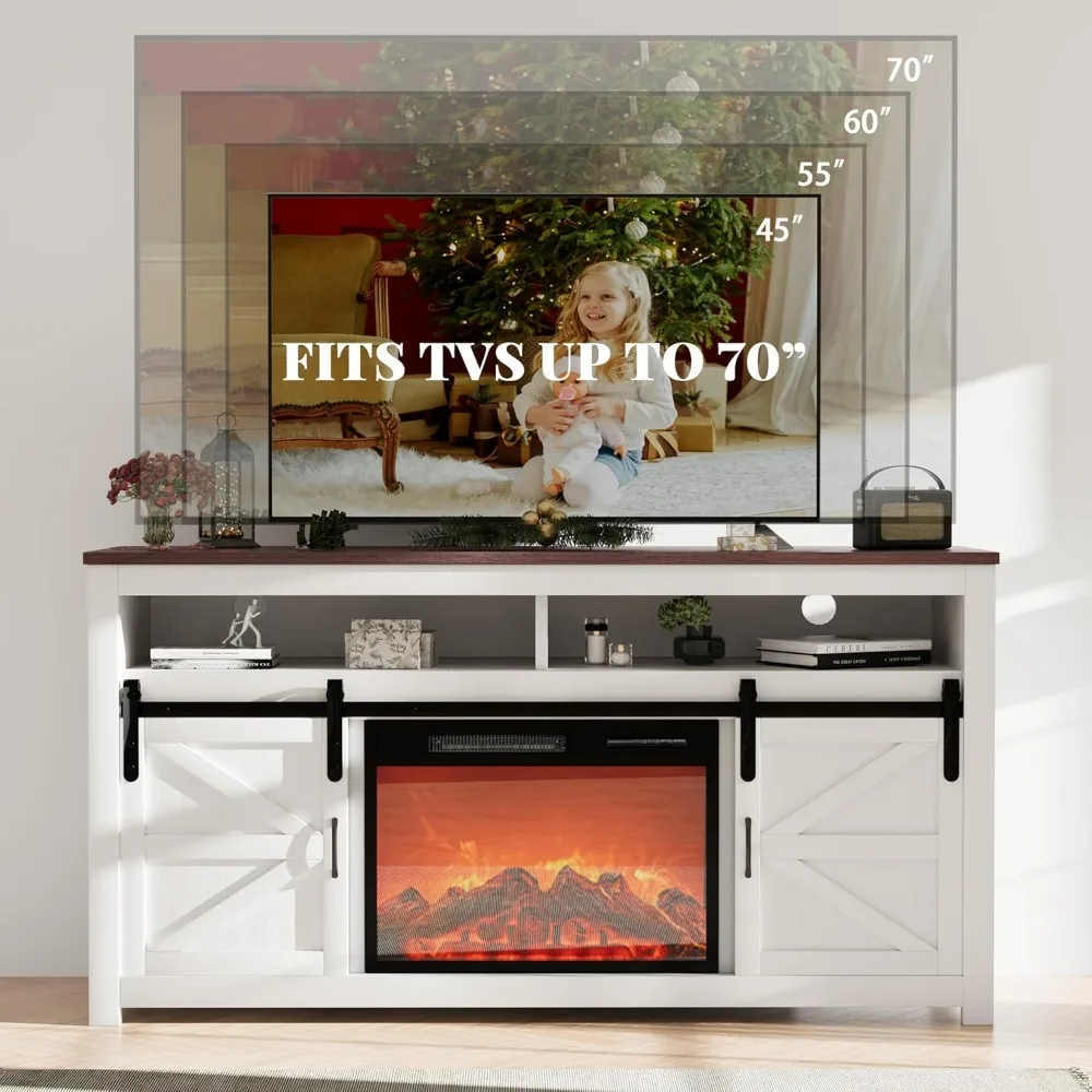 Max 70 TV Electric Fireplace Stand, Entertainment Center with 23 Heat Settings and 12 LED Light Options, White