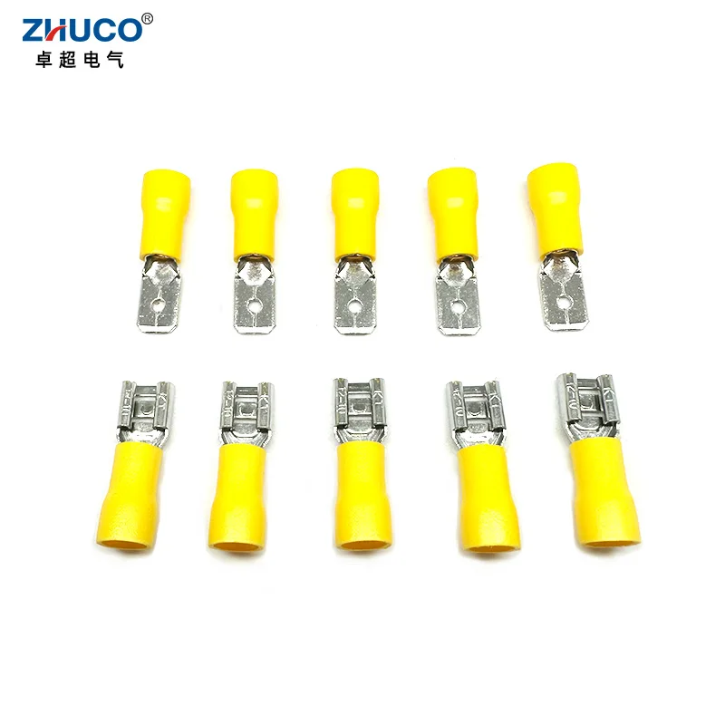 10Pairs FDD5.5-250 MDD5.5-250 6.35mm Yellow Insulated Wire Connector Cable Plug Female Male Brass Crimp Spade Terminal AWG12-10