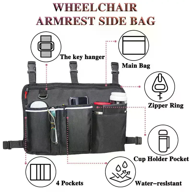 Wheelchair Side Armrest Bag Wheelchair Storage Bag Reflective Strip Magic Tape Hanging Bag Baby Cart Side Bag Walker Pouch
