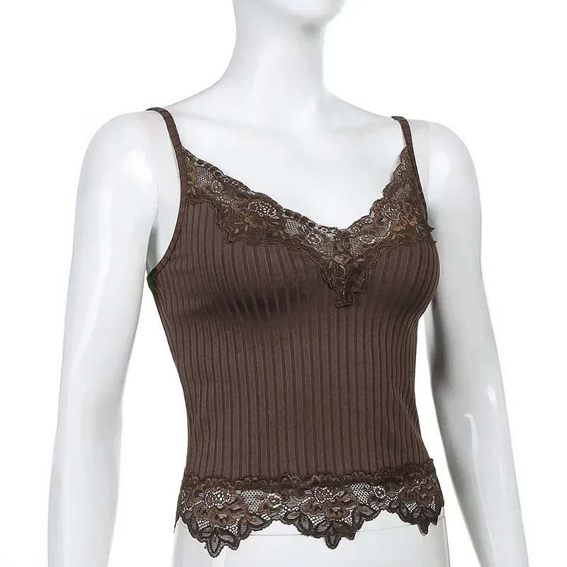 

Nice Goth Aesthetic Lace Patchwork Tank Tops For Women Sexy V-Neck Brown Retro Crop Tops Summer Fashion Casual Camisole