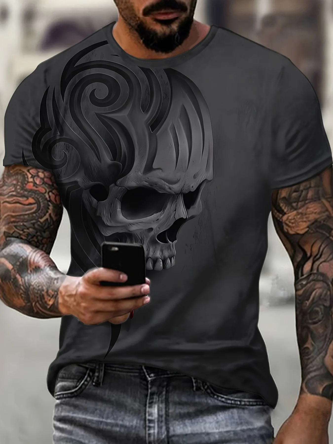 Men 3D Embossed Skull Scroll Pattern Print Short Sleeve T‑Shirt Crew Neck Gothic Street Tees