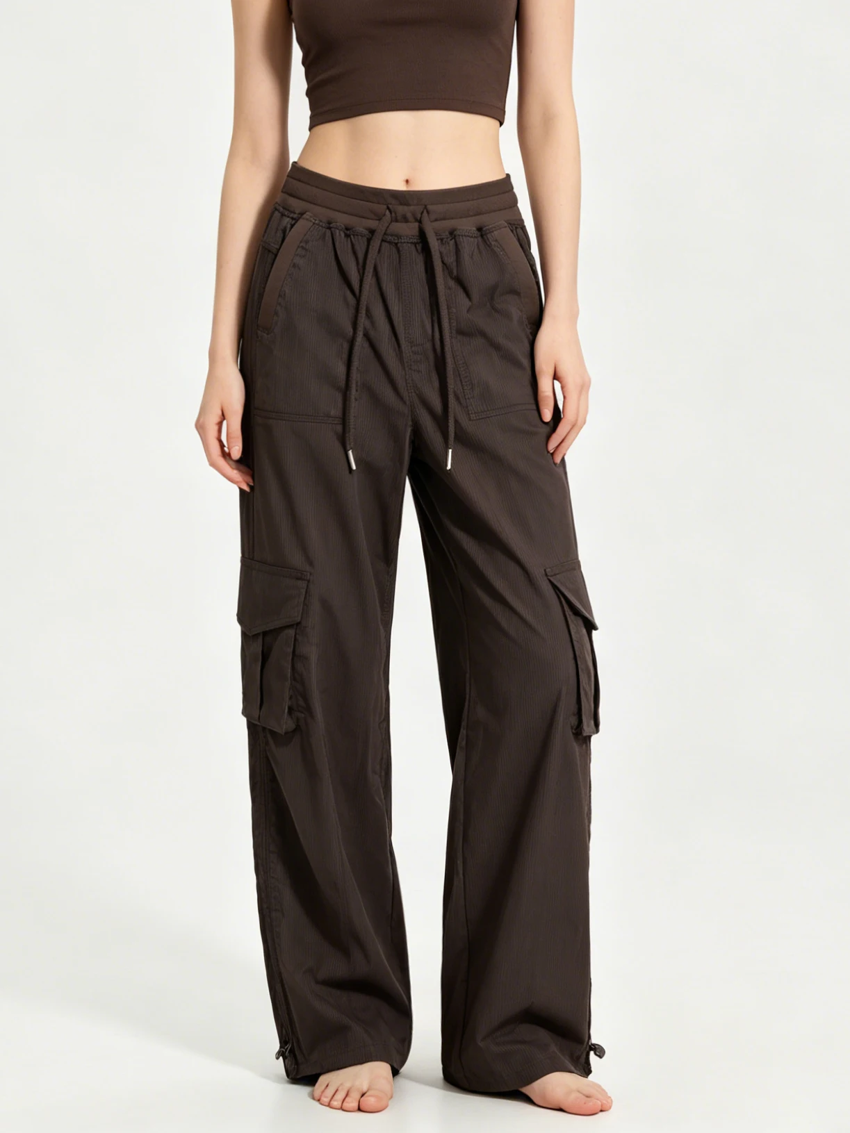 Summer Yoga Work Pants Women's Sport Straight Leg Wide Leg Pants Big Pocket Casual Trousers Nylon Fabric Wear Resistant