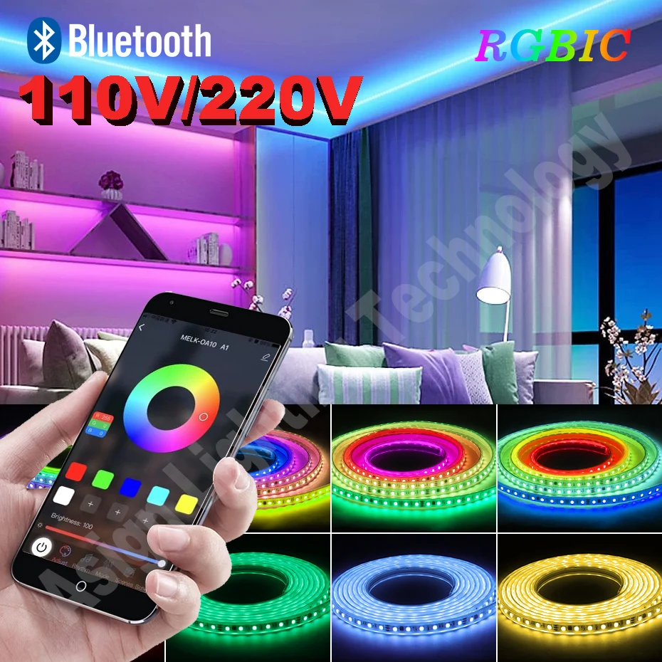 

Dream Color Flex Tape Strip Light RGBIC 110V 220V Bluetooth Smart APP Control RGB Dimmable Waterproof IP67 Neon Lights 1m-50m