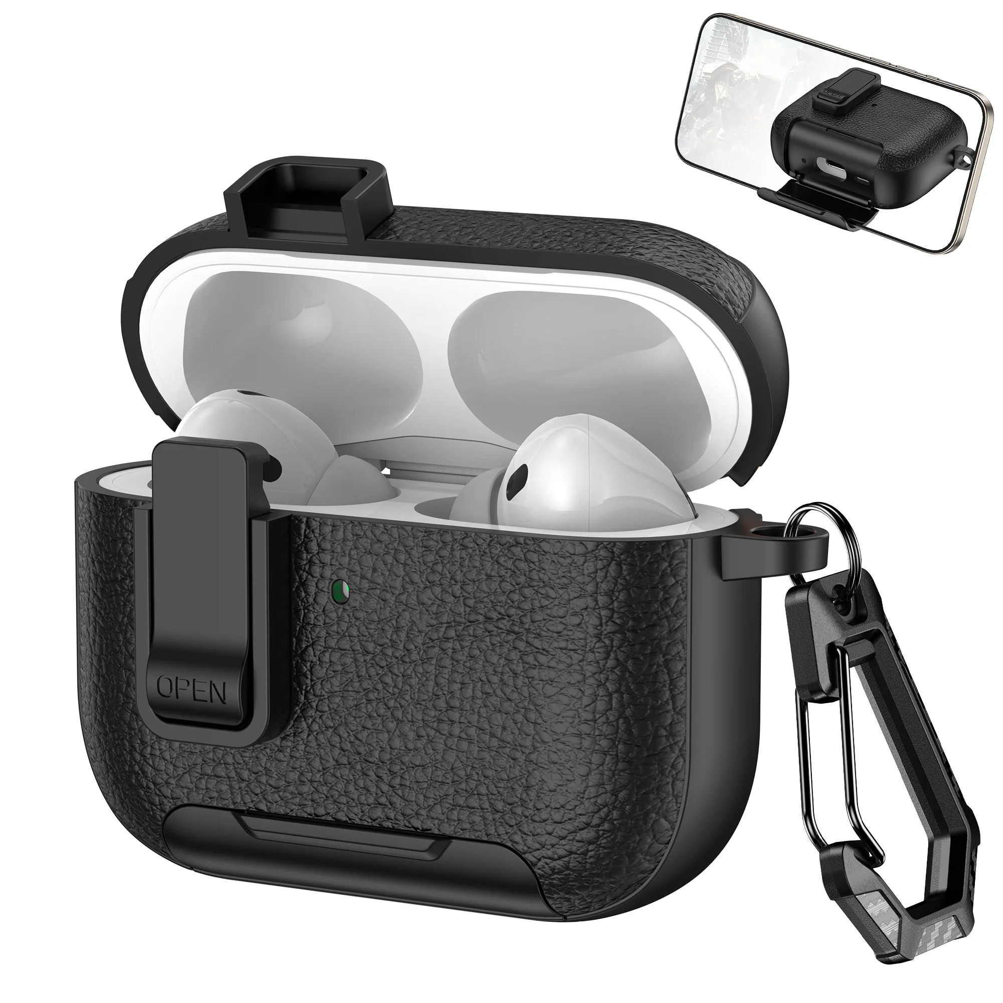 Nova Capa para Fones de Ouvido AirPods Pro 3 3ª Geração, Capa Protetora com Trava Segura, Suporte Invisível para Celular, Capa com Textura de Couro