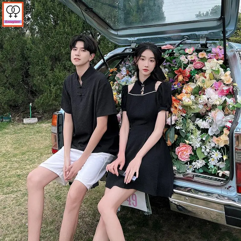 Matching Couple Clothes 2023 Holiday Honeymoon Summer Outfits Date Girls Boyfriend Female Male Lovers Retro Couple Shirt Dress