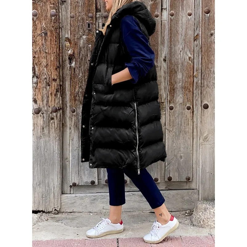 Solid Color Hooded Long Cotton Jacket Vest Casual Fashion Single Breasted Pocket Jacket for Women