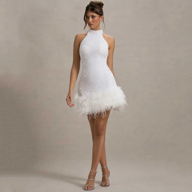 Exquisite Mermaid White Mini Wedding Dress Sexy Sleeveless Halter Pleat Shiny Beading Sequined Feathers Formal Gown Customized