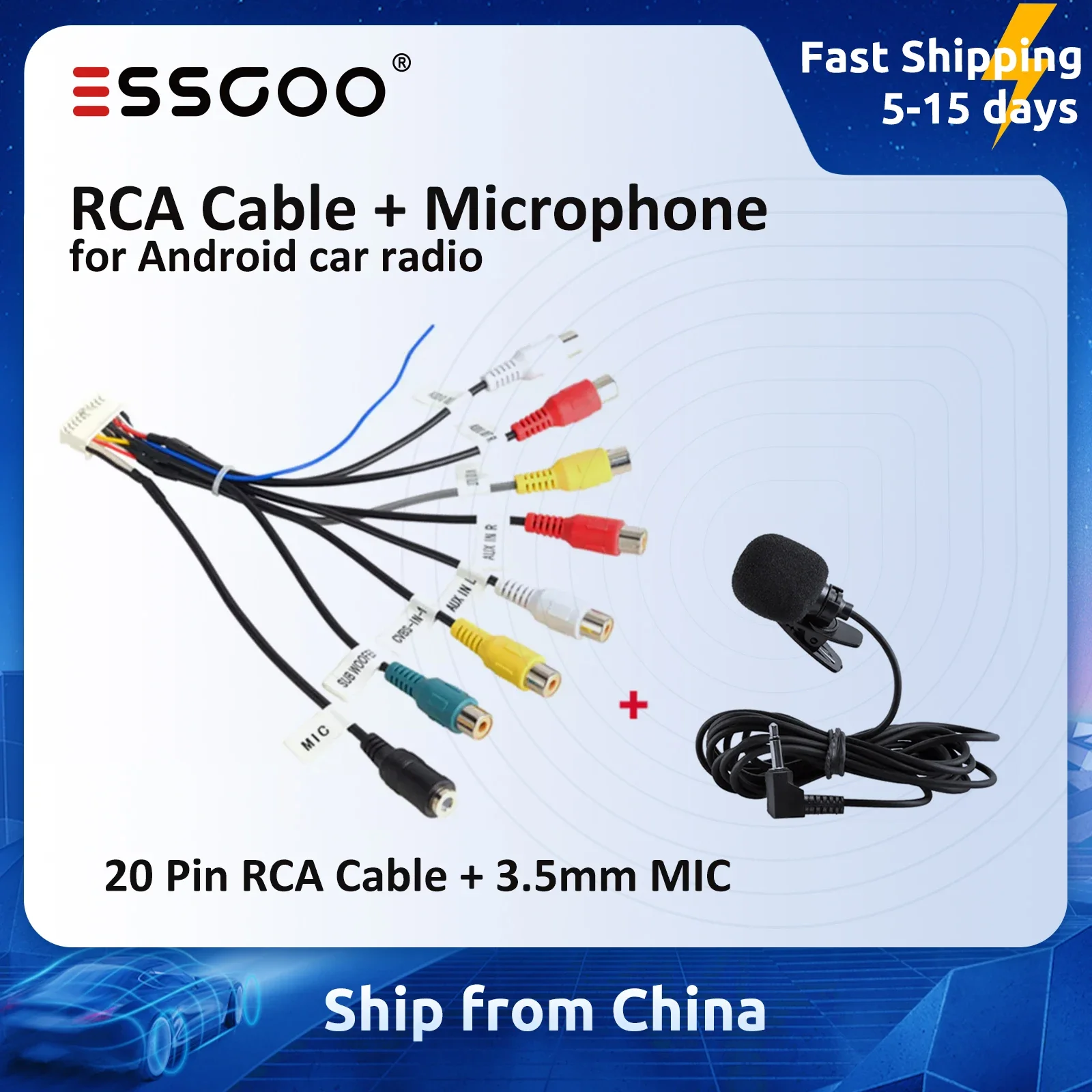 ESSGOO Car Radio 3.5mm Microphone Subwoofer Wires Mic 20 Pin RCA Cable For Android Stereo Output Subwoofer Kit