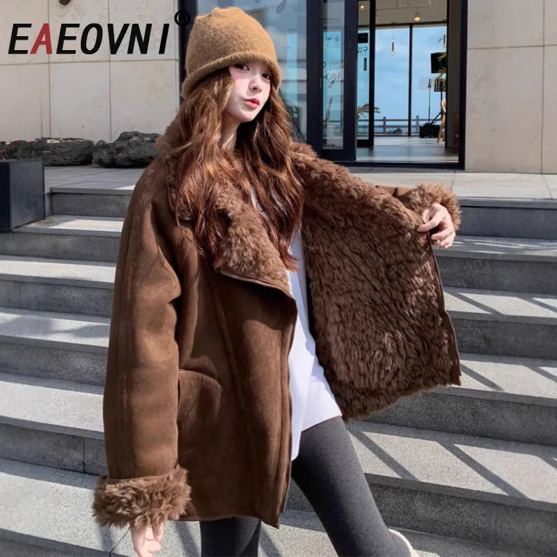 

EAEOVNI Maillard Style Zipper Jacket Women Suede Lamb Fur Spliced Two Sided Design Vintage Coat Fashion 2026 New Clothing