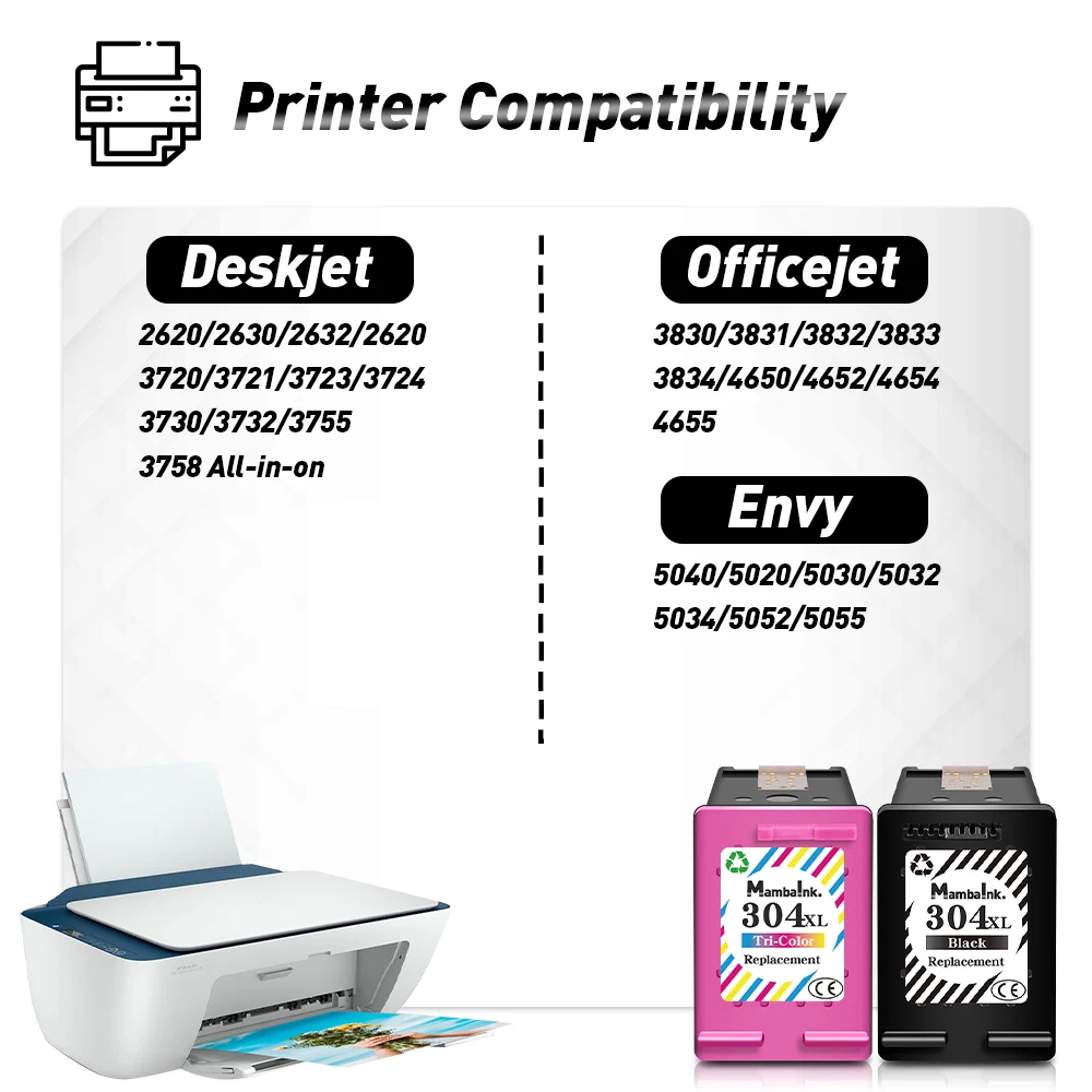 Mambaink Replacement Ink Cartridge For HP 304 XL 304XL HP304 Deskjet Envy 2620 2630 2632 5030 5020 5032 3720 3730 5010 Printer